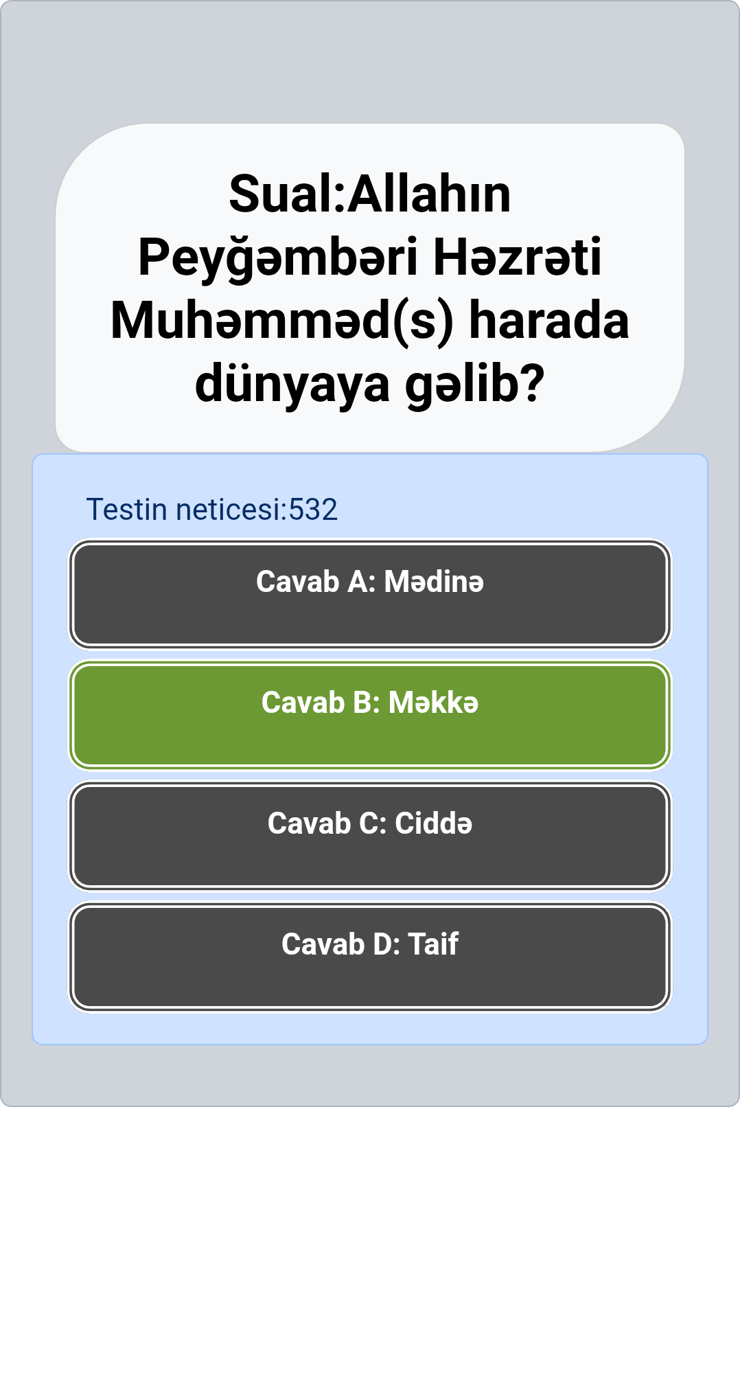 Sual: Allahın Peyğəmbəri Həzrəti Muhəmməd(s) harada dünyaya gəlib?